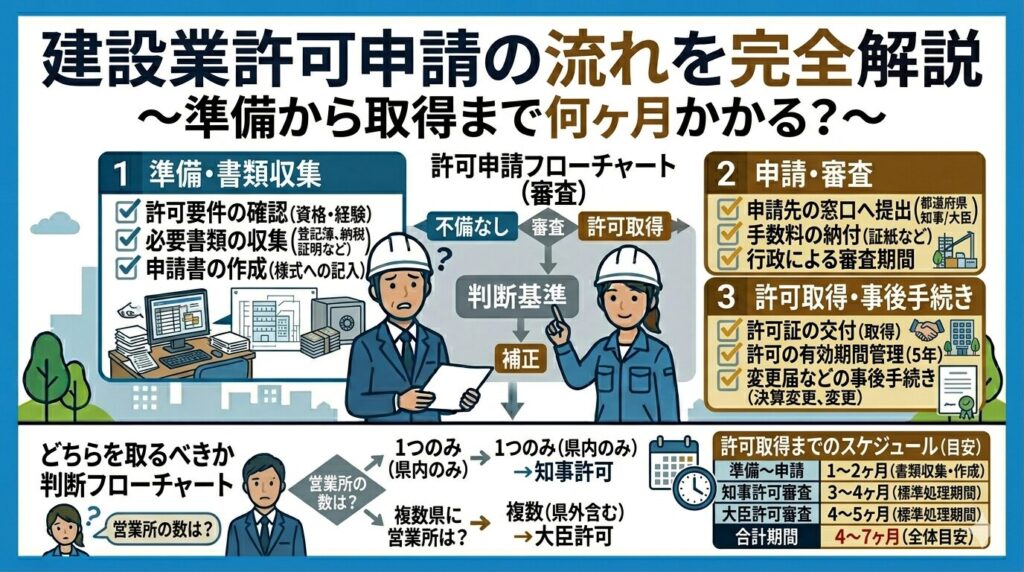 建設業許可申請の流れを完全解説｜準備から取得まで何ヶ月かかる？