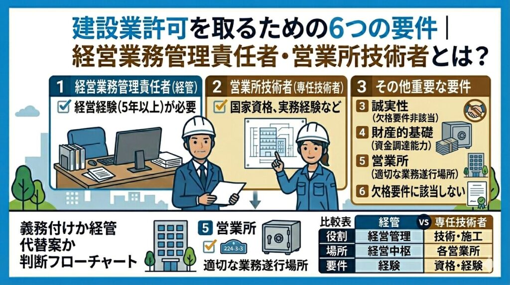 建設業許可を得るための5つの要件 経営管理責任者・営業所技術者とは?